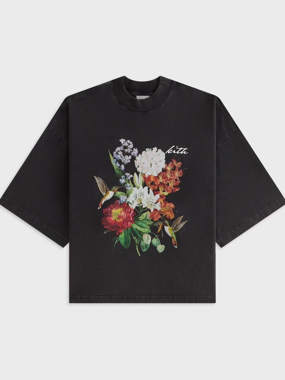 Kith Black Tee with Multicolor Floral & Hummingbird Print